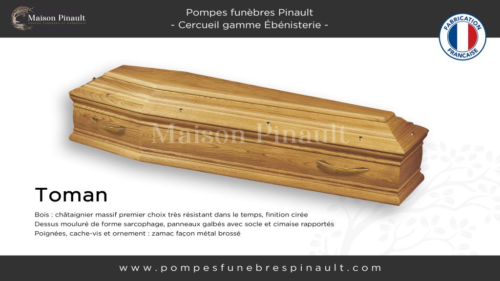 Cercueil inhumation Toman en châtaignier massif forme tombeau, plus résistant que le chêne dans le temps. Les pompes funèbres Pinault près de Lyon proposent plusieurs modèles de cercueils pour tous les budgets à Rillieux, Neuville sur Saône, Miribel, le Rhône et l'Ain.